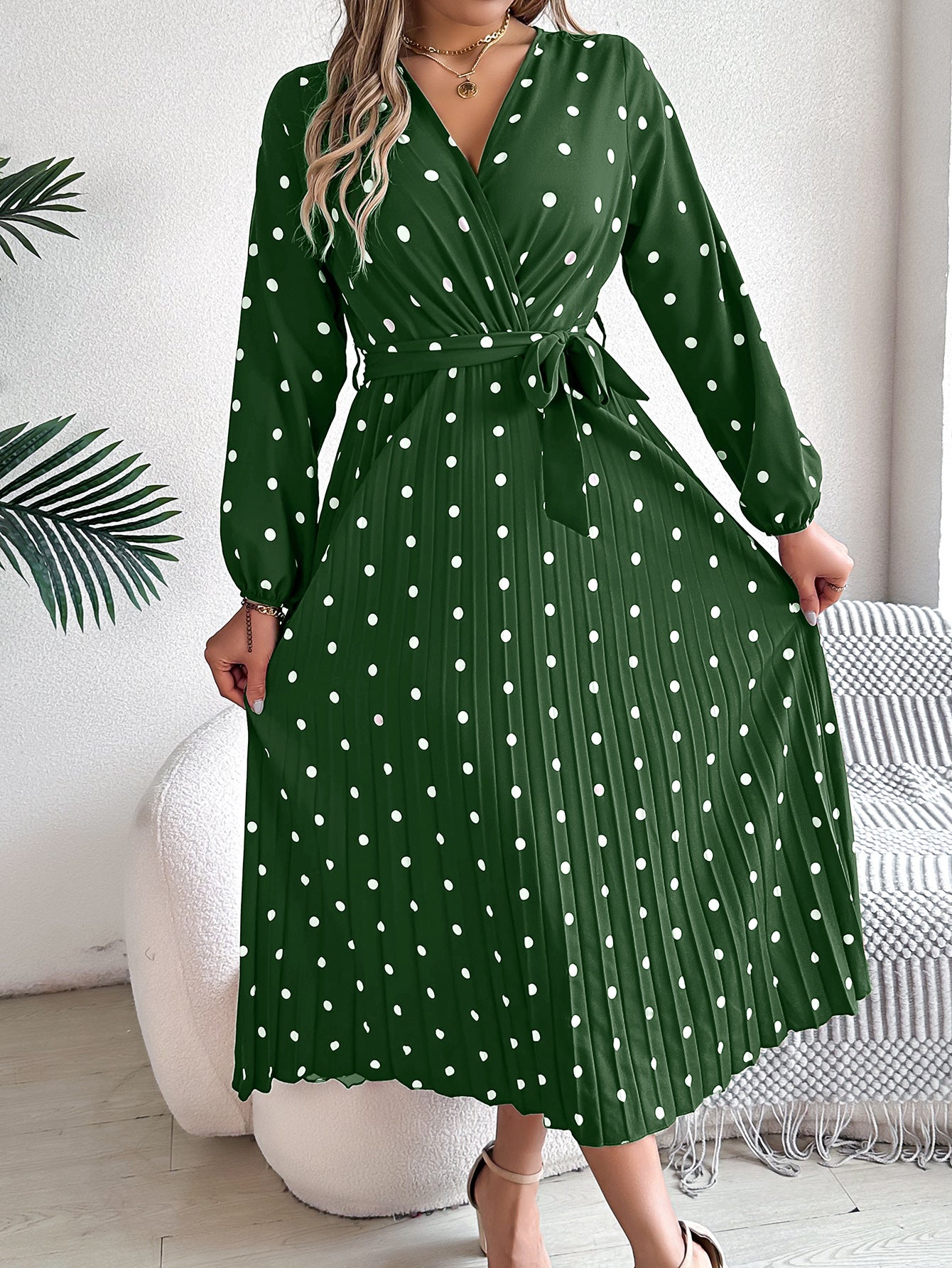 Spring  / Summer  - Elegant Long Dress -  Cross V-Neck Contrast Polka Dot Long Sleeve Pleated  Dresses