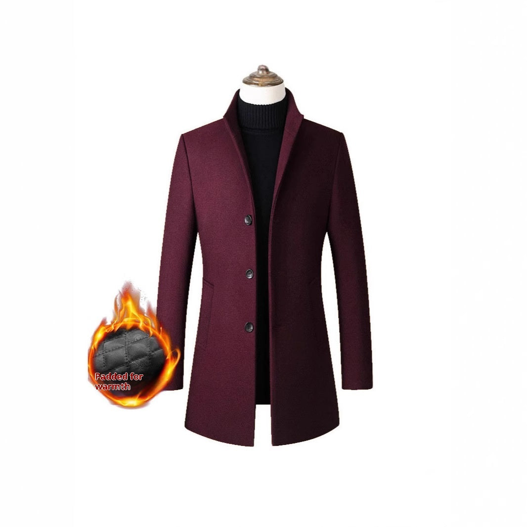 European /  American Single-breasted Stand Collar Coat - Cotton Padded Men's Trench Coat - Woolen Coat