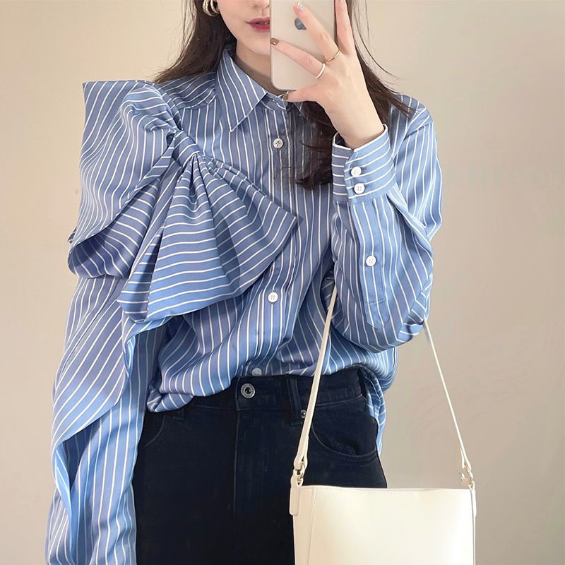 Casual Blue Striped Shirts For Women - Lapel Long Sleeve Korean Bowknot Patchwork Blouses