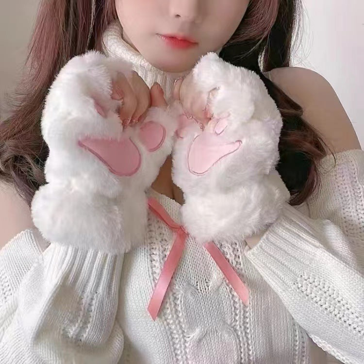 Plush Thickened Warm Plush Gloves Finger Cute Simple White Gloves