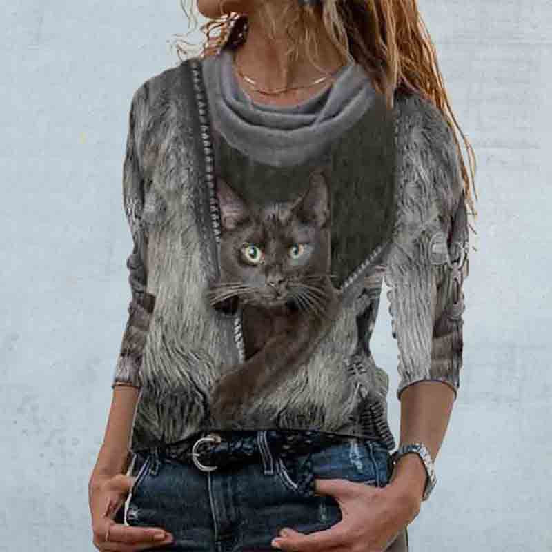Casual Cat Print Pullover Sweater Women