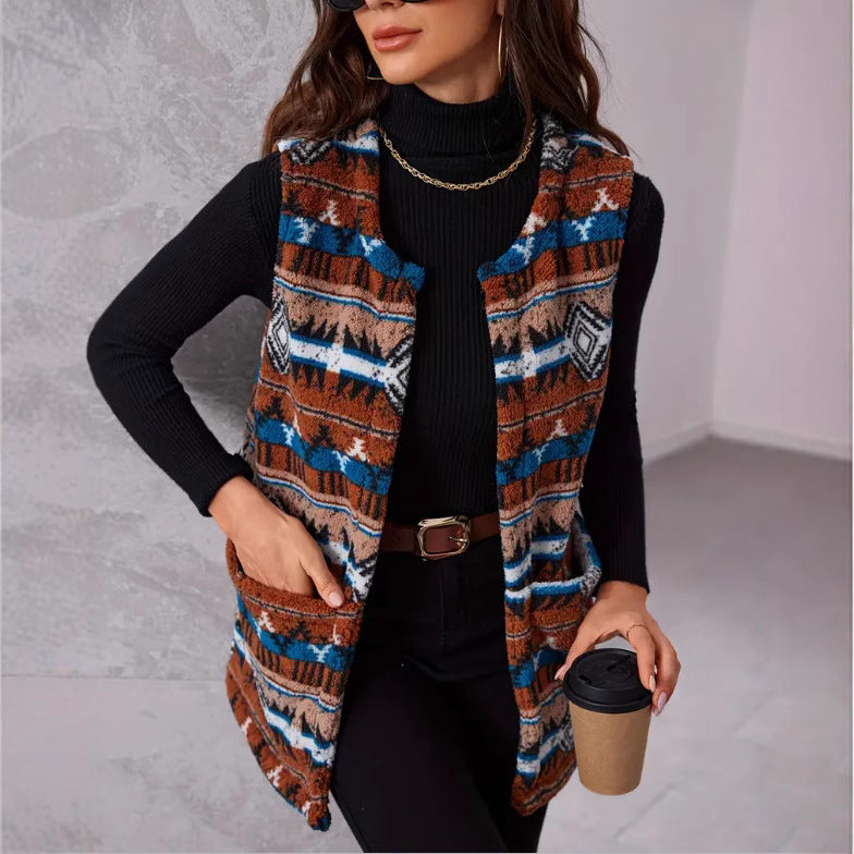 Autumn / Winter Ethnic Style Printed Large Pocket Plush Vest