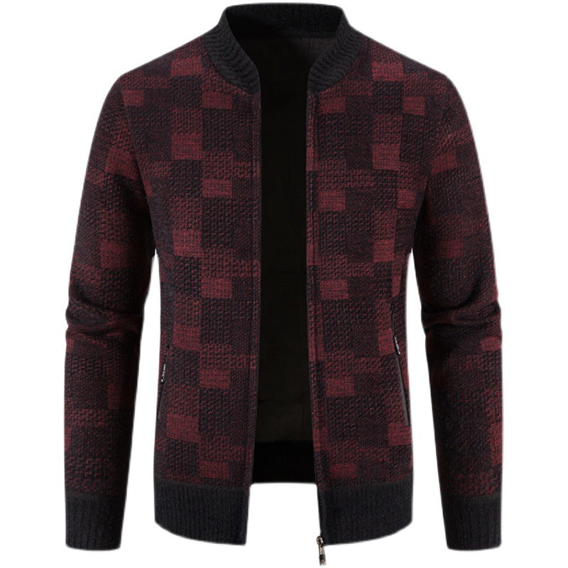 Men's Fleece-lined - Thickened Baseball -Collar Plaid Knitted Cardigan