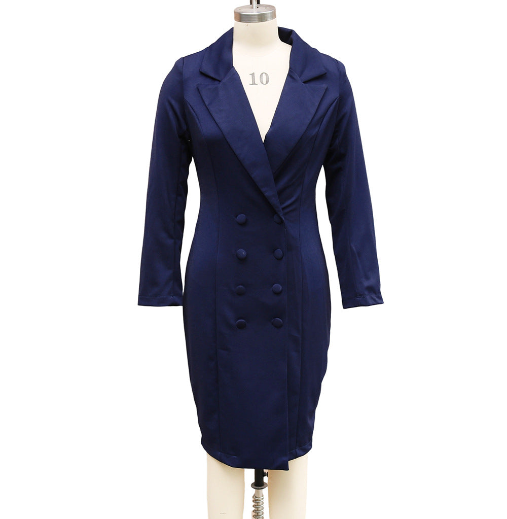 Double-breasted Blazer Dress  -Fashion Slim-fitting -  Hip-wrapped Lapel Long-sleeved Dresses - Office Commuting Long Dress For Women