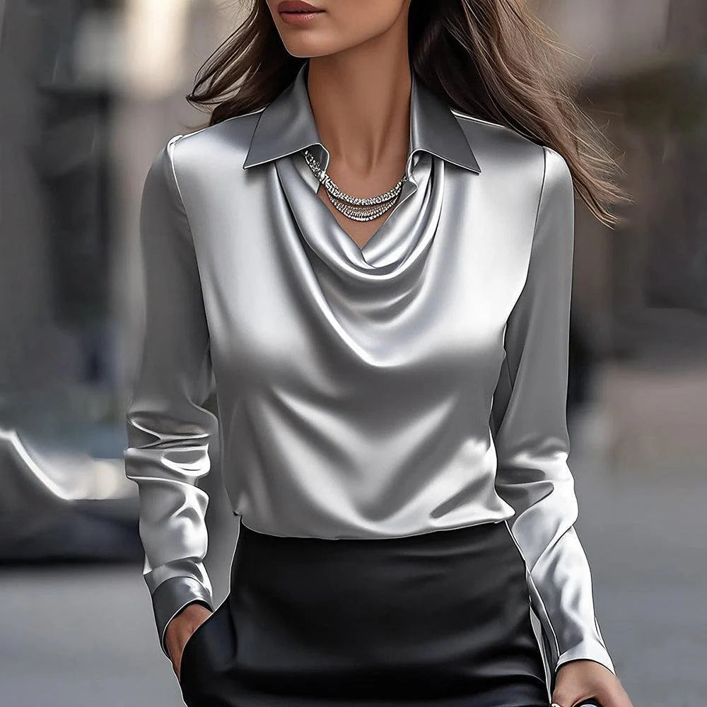 Women's Swing Collar Draped Shirts & Blouses Elegant -Solid Satin Office Ladies Top Pullover Spring Long Sleeve Casual Tops