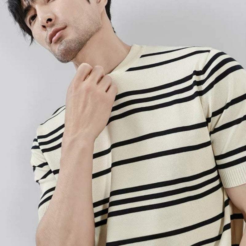 Knitted Ice Silk T-shirt - Men's Short Sleeve Black And White Stripes