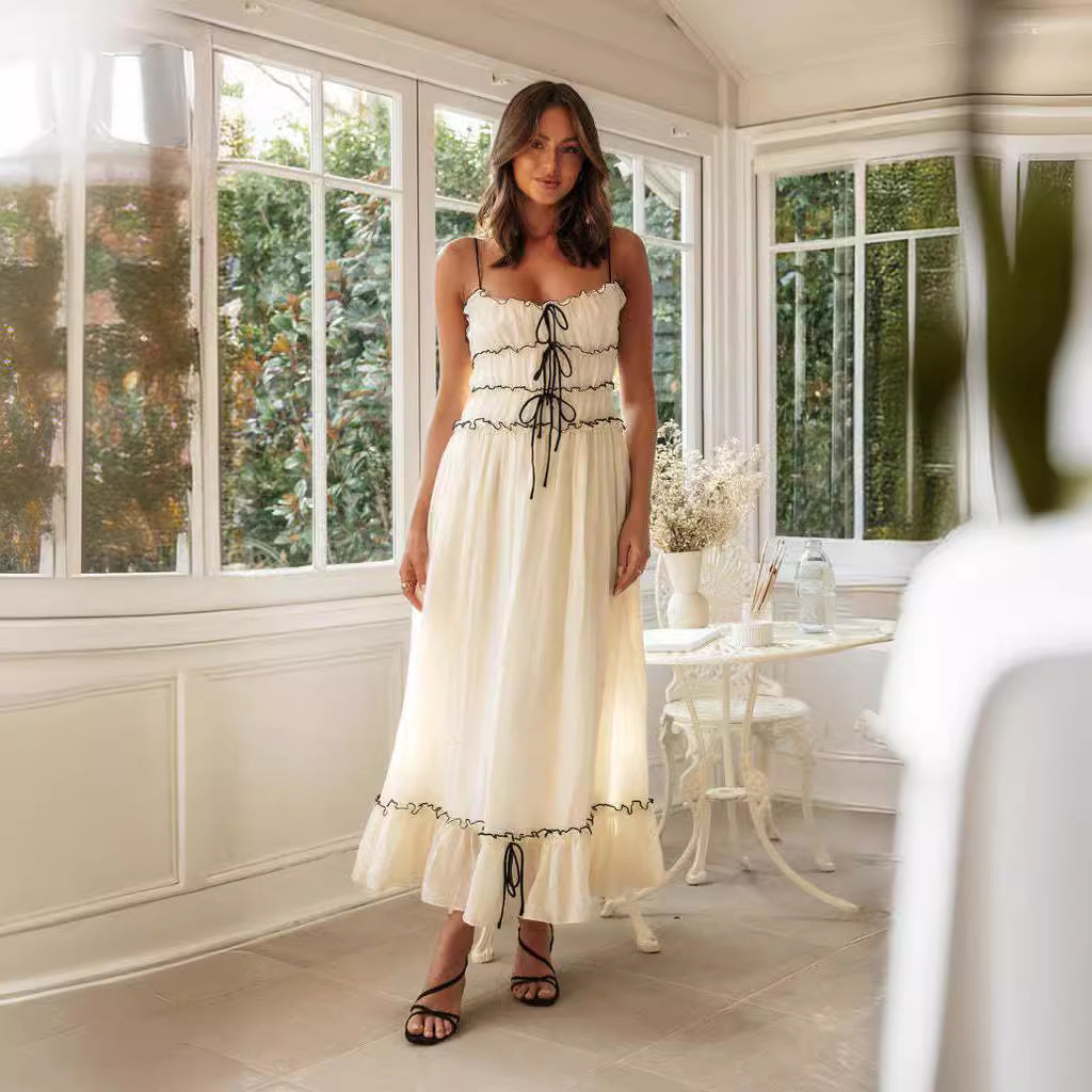Summer Suspender Spaghetti Strap - Long Dresses / With Bow - Pleat Design Fashion / Sweet Bow Beach Dress For Women's Clothing