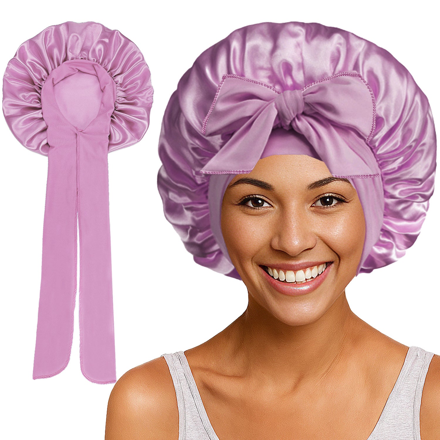 Satin Round Cap Bow Elastic Wide-brimmed Ribbon Nightcap