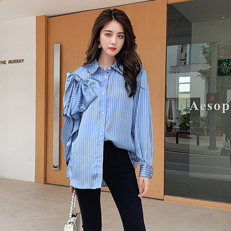 Casual Blue Striped Shirts For Women - Lapel Long Sleeve Korean Bowknot Patchwork Blouses