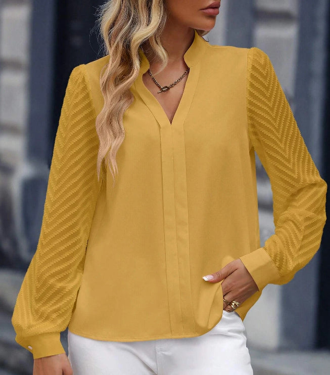 V-neck - Long-sleeved Chiffon Shirt - Lace Stitching - Solid Color Tops Women's Clothing