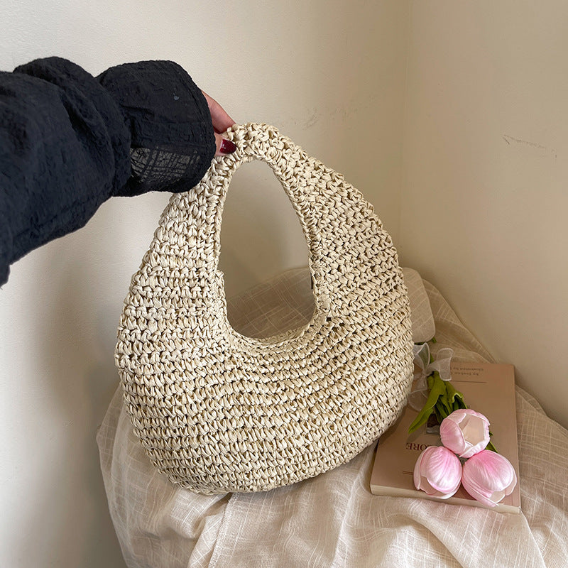 Beach-style Straw Sand Beach Bag Solid-color Crescent-shaped Tote