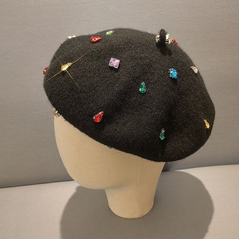 Diamond Beret Versatile Black Painter Hat Casual Warm Hat