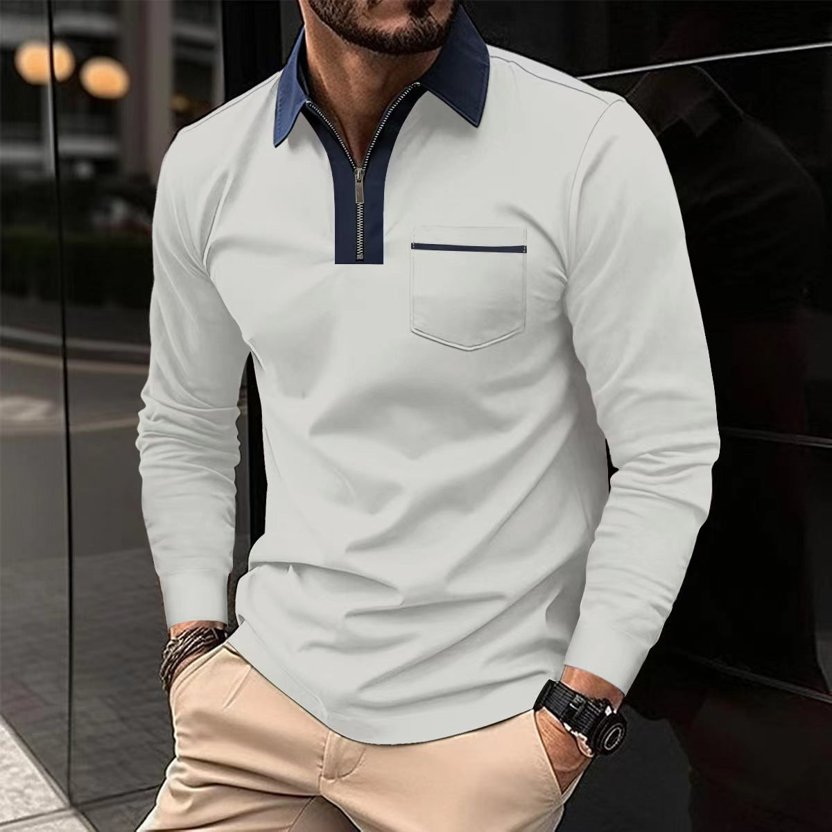 2024 Autumn Mens Long Sleeve - Zipper Polo Shirts -Casual Lapel Collar Zip Up Henley Shirts - Cotton Sports -Golf -Tennis T-Shirts With Pockets