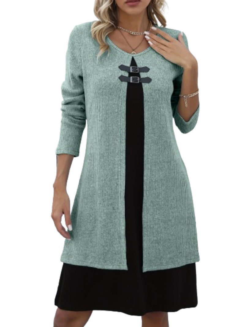 Contrast-color Sweater Dress With Buckle Design - Fashion Round-neck Long-sleeved - A-line Dresses Fall / Winter Women's Clothing