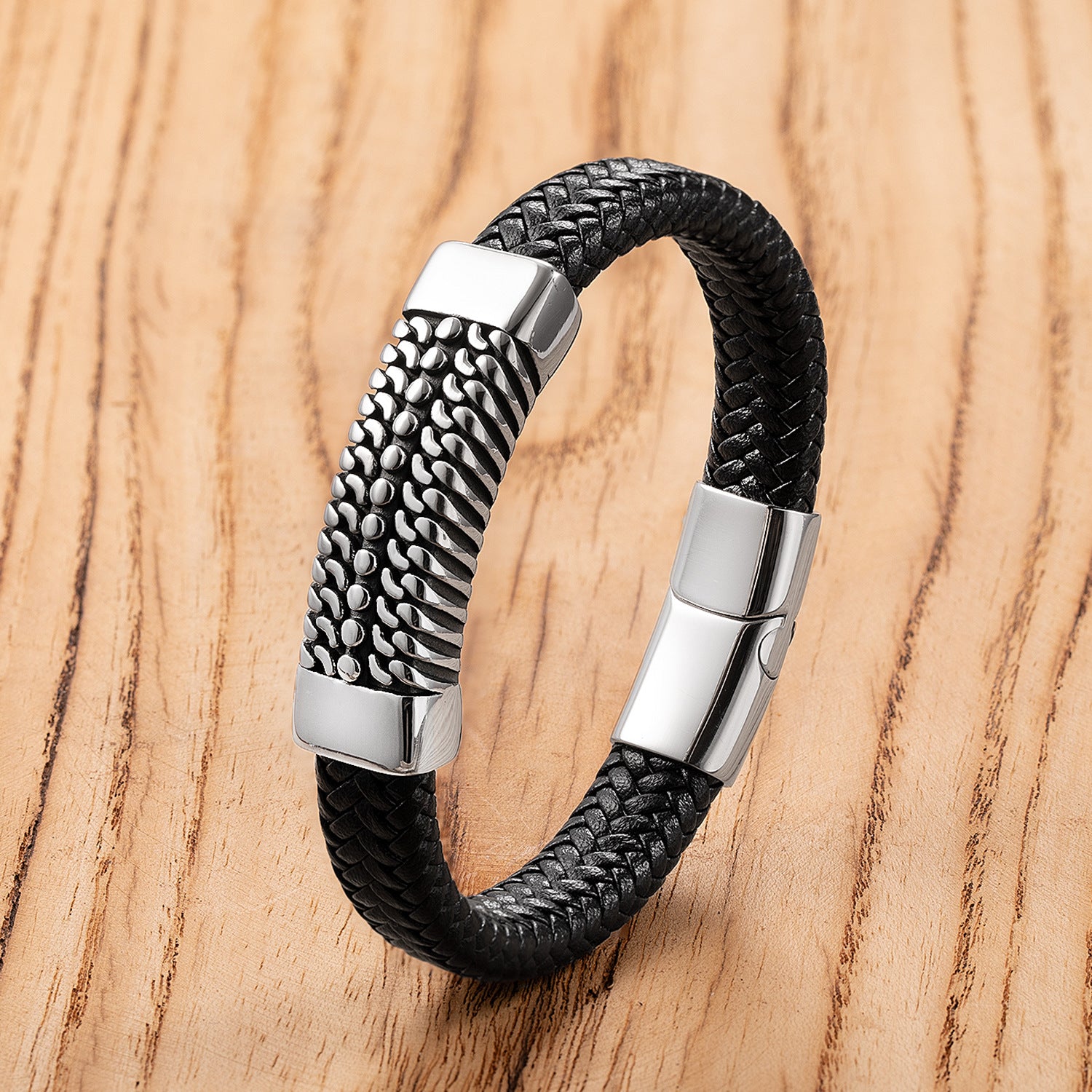 Mens Classic Stainless Steel Leather Bracelet