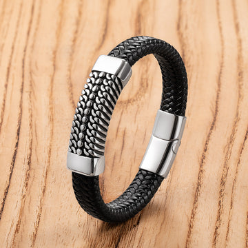 Mens Classic Stainless Steel Leather Bracelet