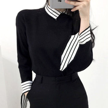 Slim-Fit - Cuff Taped Striped Contrast Pullover Sweater Top