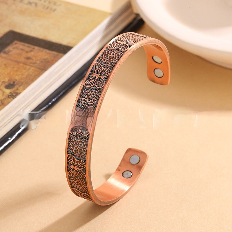 Red Copper Magnetic Vintage Bracelet With Butterfly Design Widened Magnetic Clasp