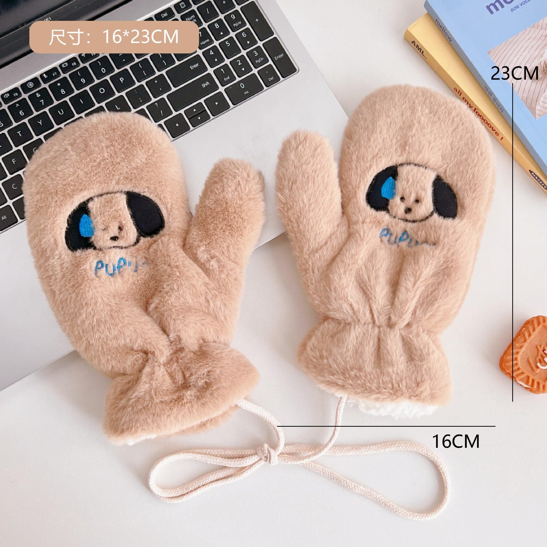 Plush Gloves Fleece-lined Thick Windproof Warm Plush Full Finger Halter