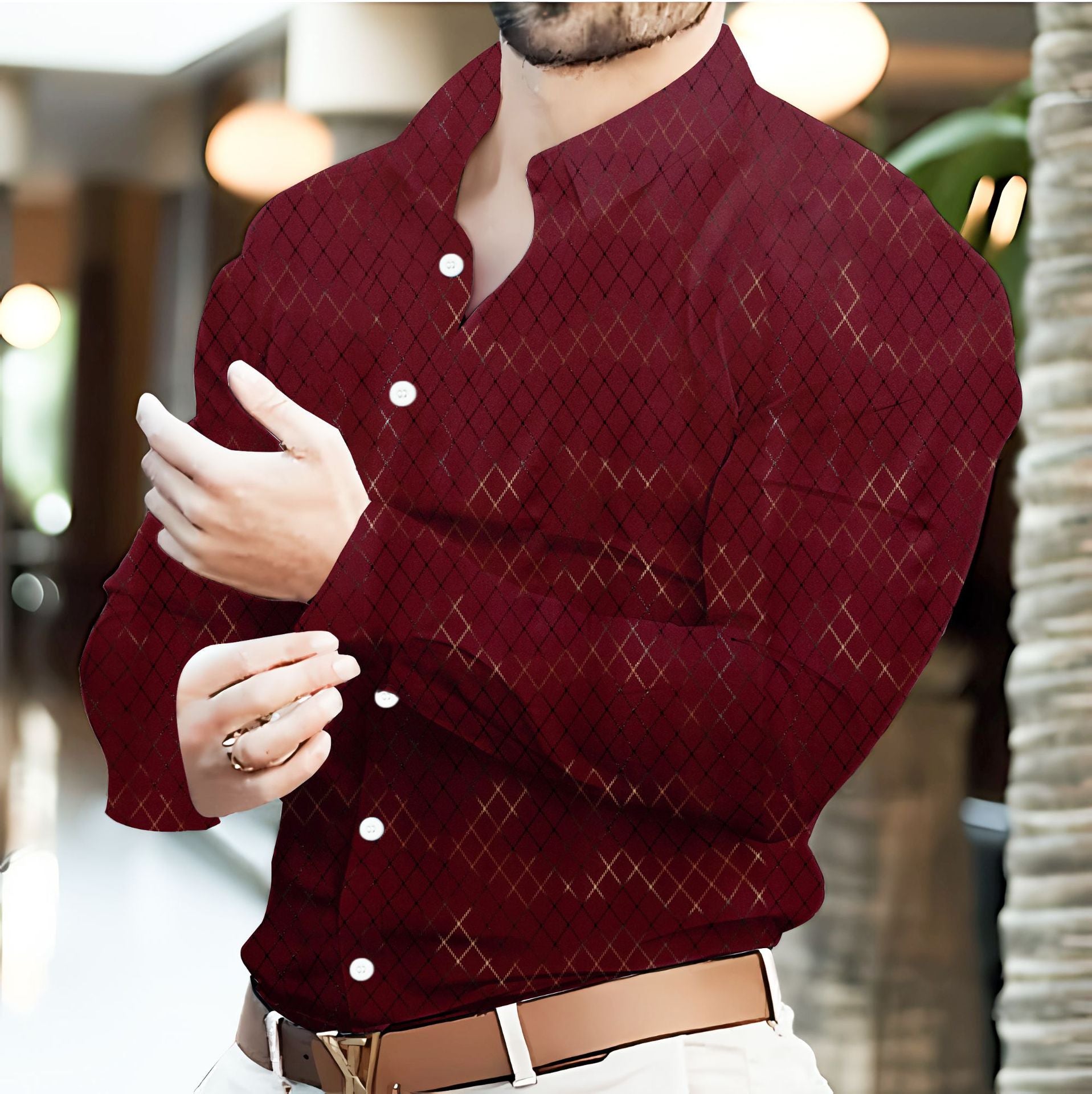 Stylish Mens Casual Long-Sleeve Shirt With Geometric Gold-Stamped Print