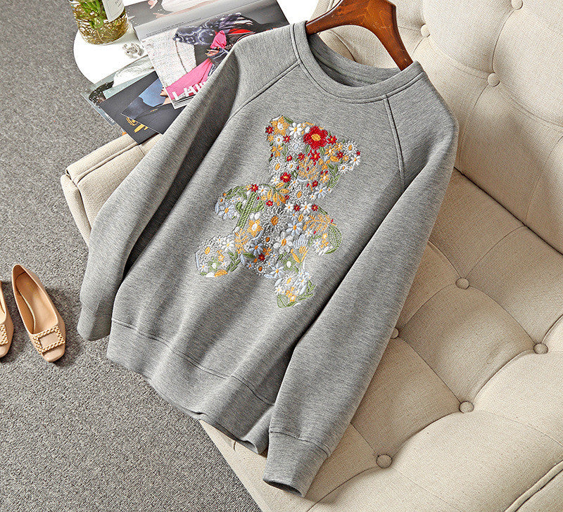 Embroidered Bear Space Cotton Sweater Women