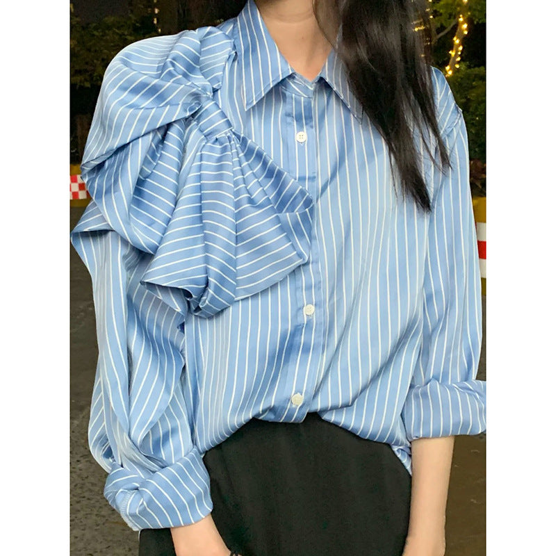 Casual Blue Striped Shirts For Women - Lapel Long Sleeve Korean Bowknot Patchwork Blouses