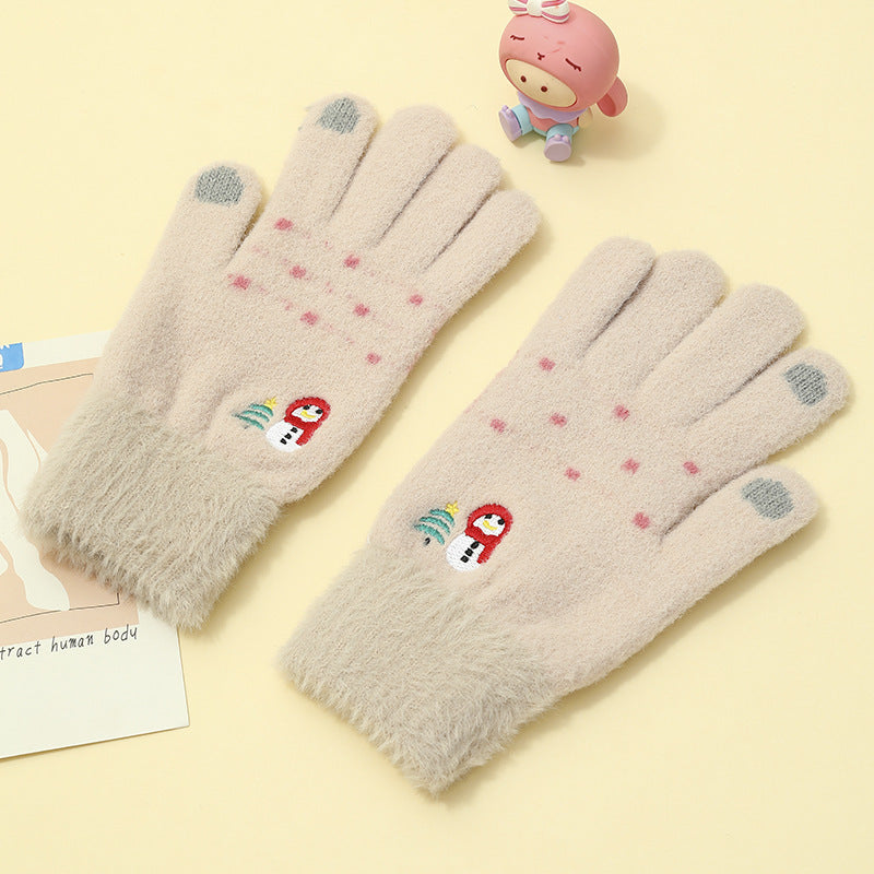 Padded And Thickened Warm Snowman Embroidered Touch Screen Gloves