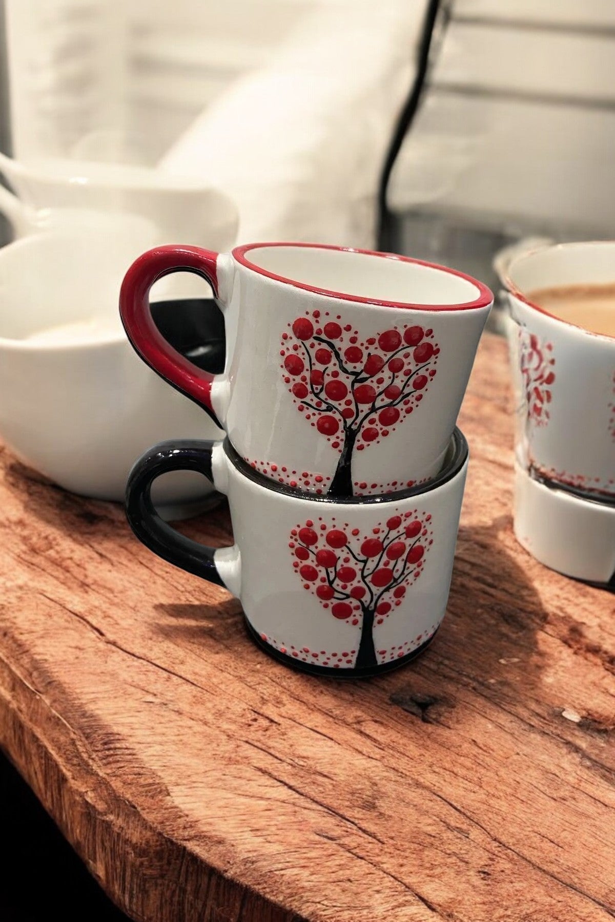 Set Of 2 Handmade Ceramic Mugs With Embossed Tree And Heart Design