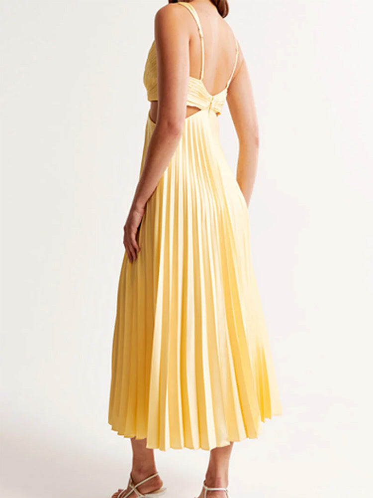 Ins Suspender Pleated Long Dress  - With Hollow-waisted Design  - Fashion V-neck Backless Dresses - Summer Women's Clothing