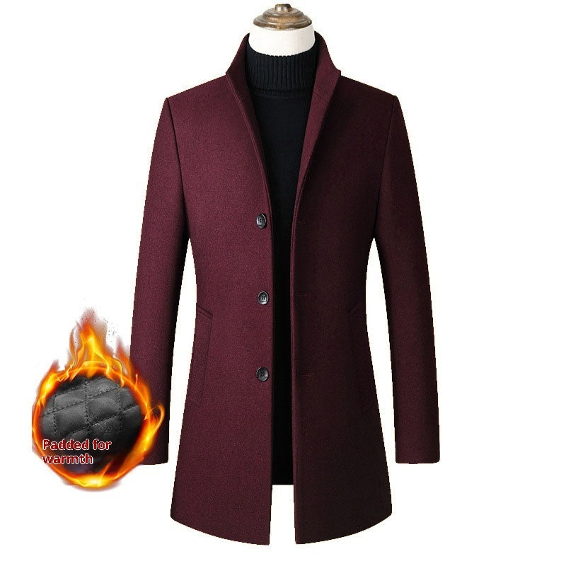European /  American Single-breasted Stand Collar Coat - Cotton Padded Men's Trench Coat - Woolen Coat