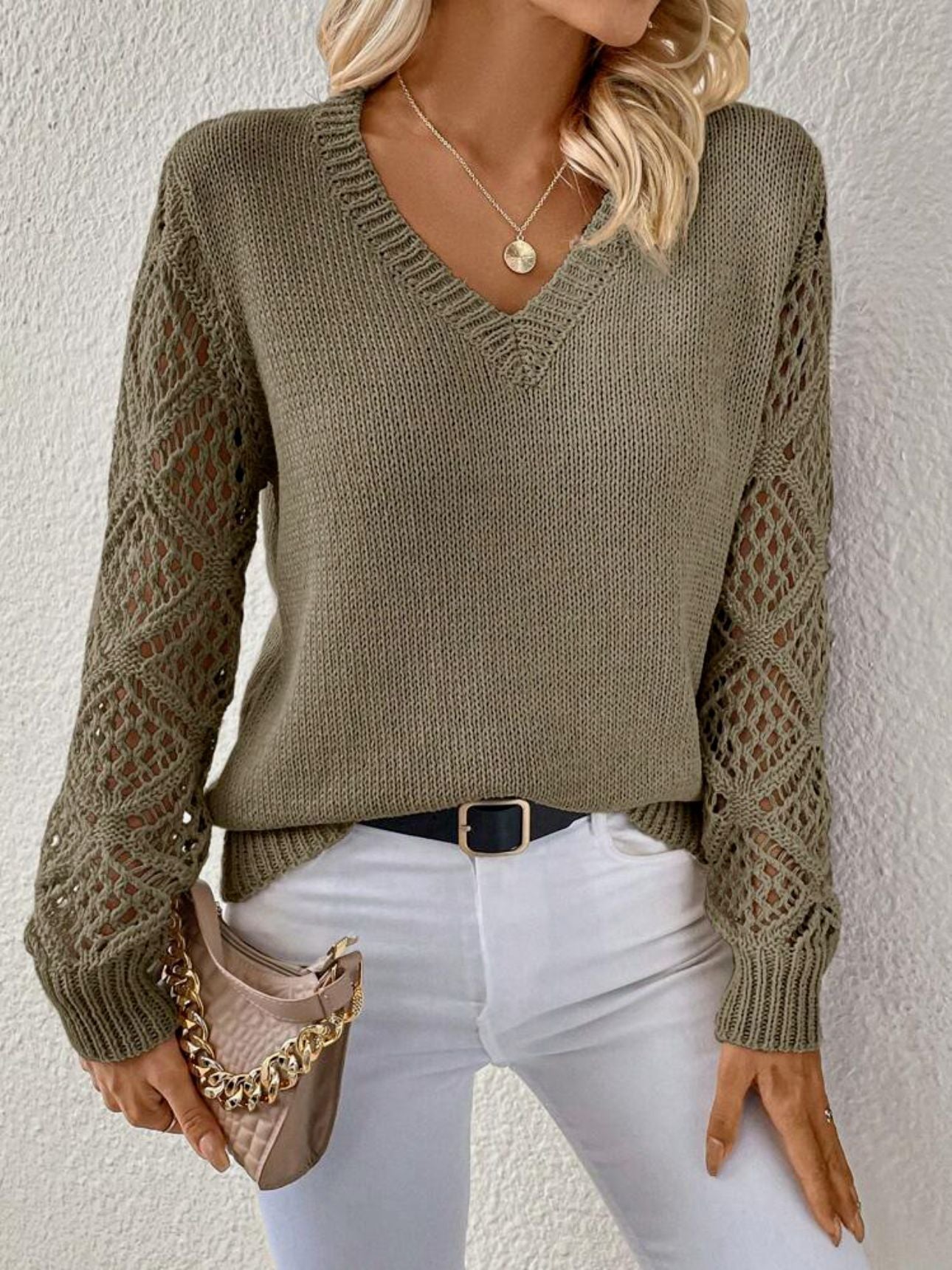 Solid V-neck Pullover Sweater With Hollow Long Sleeve - Fashion Tops For Women Clothing