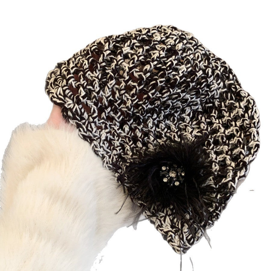 French Retro Black Feather Hand-woven Knitted Hat