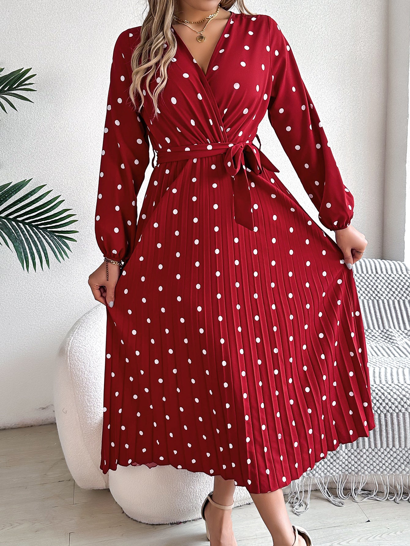 Spring  / Summer  - Elegant Long Dress -  Cross V-Neck Contrast Polka Dot Long Sleeve Pleated  Dresses