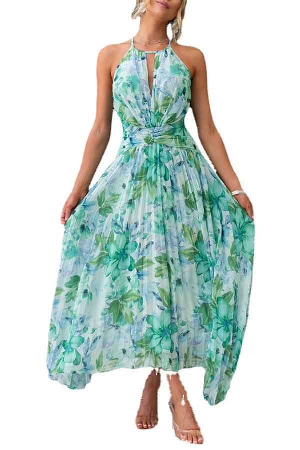 Women's Halter Neck Sleeveless V-Neck Printed Swing Dress