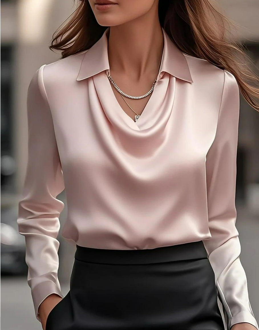 Women's Swing Collar Draped Shirts & Blouses Elegant -Solid Satin Office Ladies Top Pullover Spring Long Sleeve Casual Tops