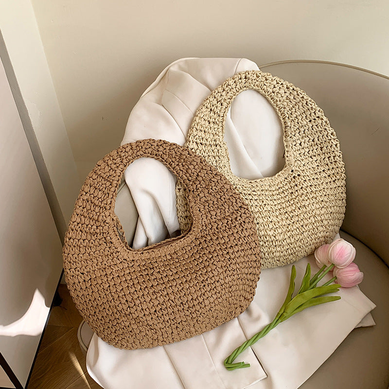 Beach-style Straw Sand Beach Bag Solid-color Crescent-shaped Tote