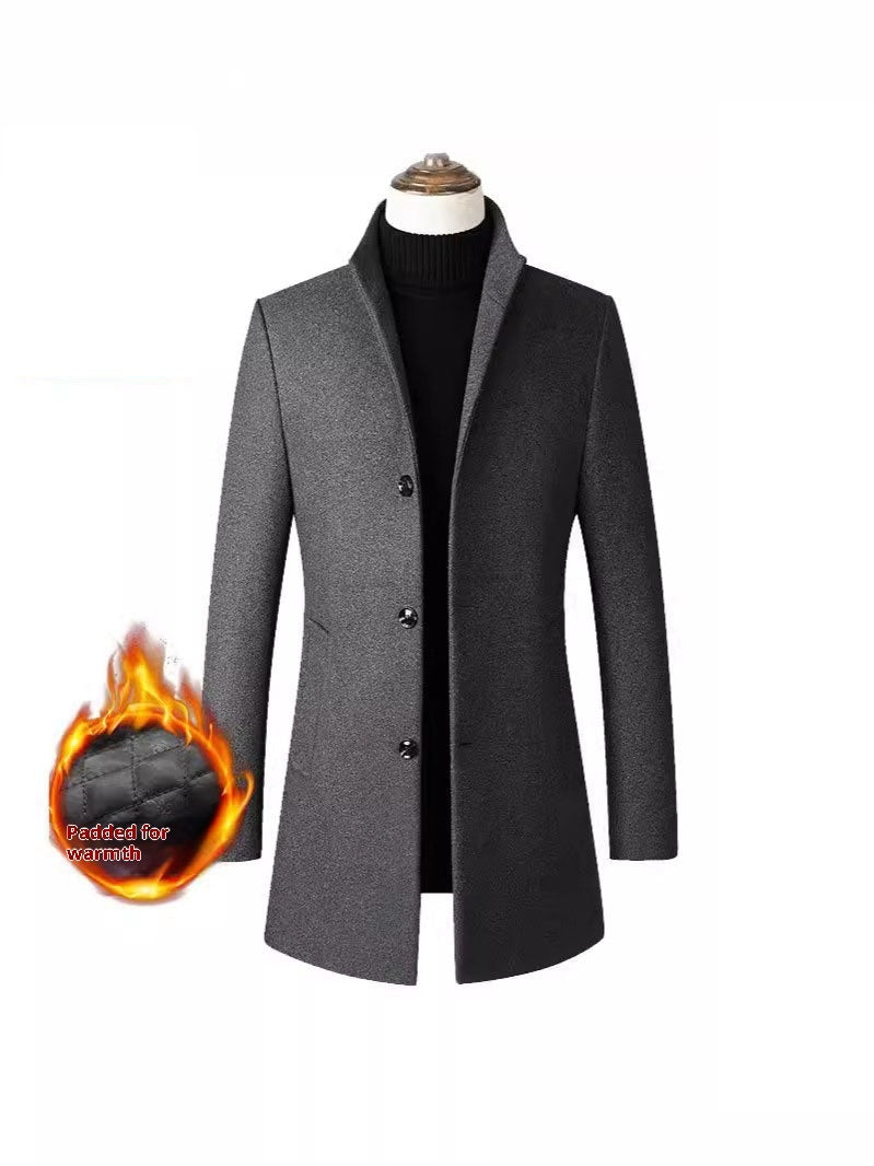 European /  American Single-breasted Stand Collar Coat - Cotton Padded Men's Trench Coat - Woolen Coat