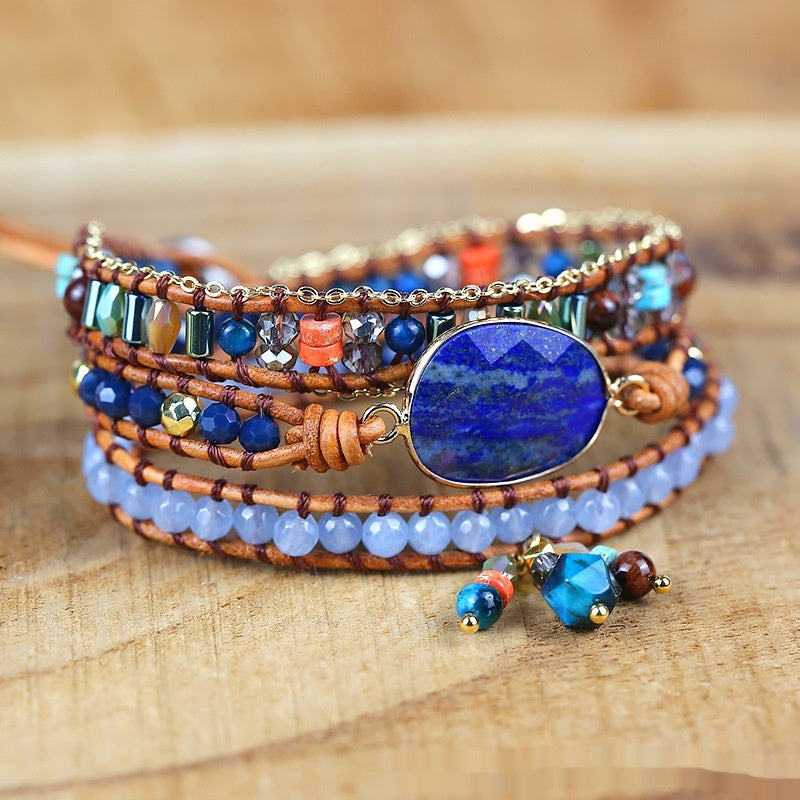 Lapis Lazuli Bezel-Set Hand-Knitted Multi-Layer Wax Cord Bracelet