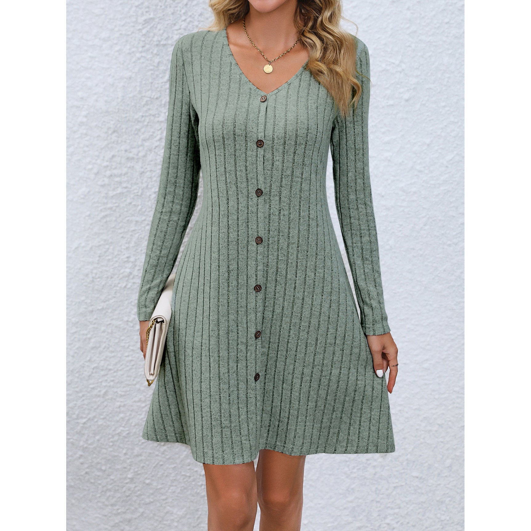 Fashion V-neck Long Sleeves Dress -  With Button Waist-controlled Design  - Slim Dresses Women's Clothing