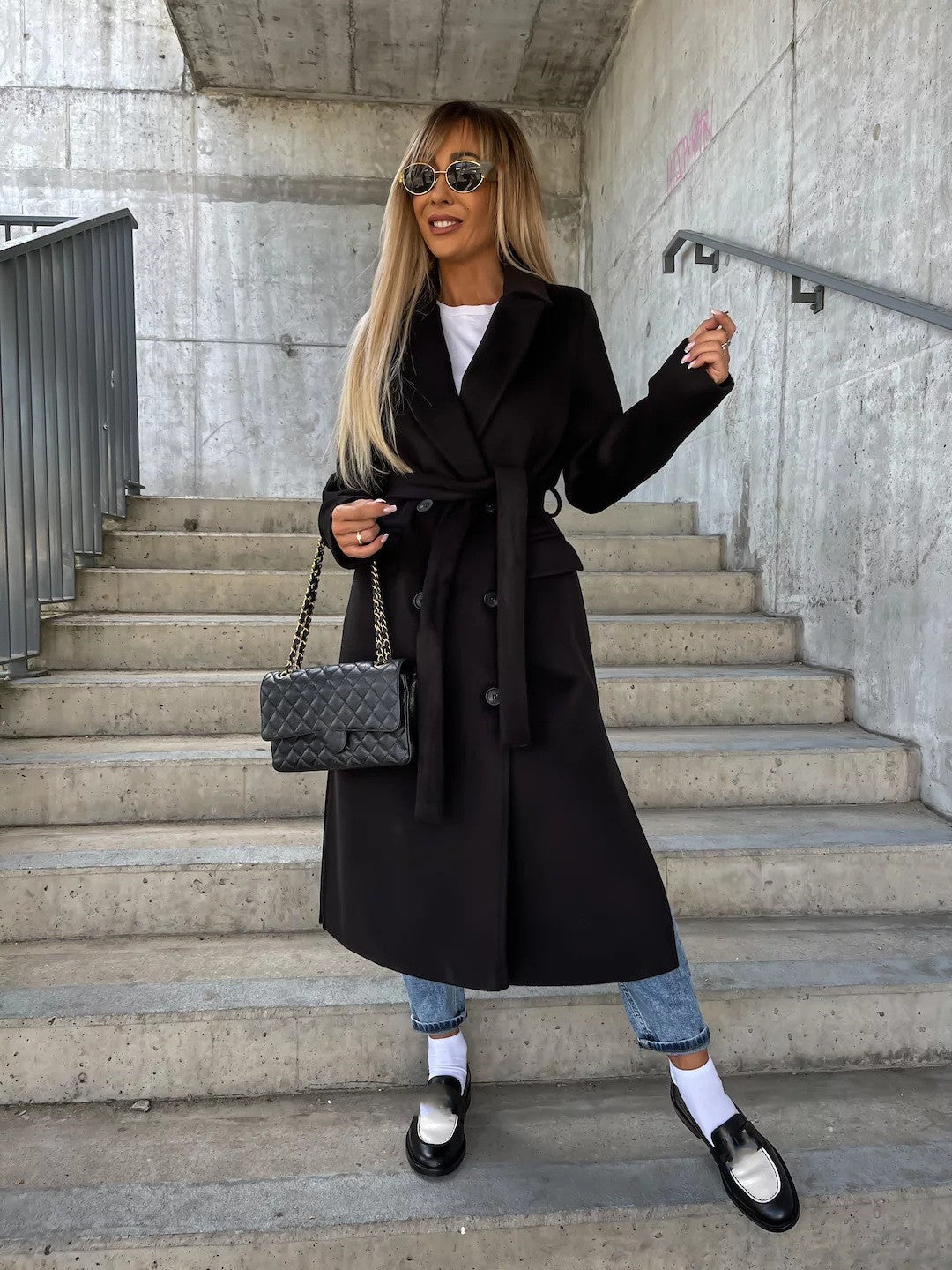 Double-breasted Lapel Split Jacket With Belt  - Winter Fashion  - Casual Long Sleeve Button Daily Coats  - For Women