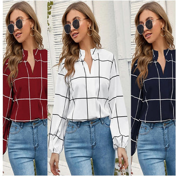Stand Collar Long Sleeve Plaid Print Women's Shirt
