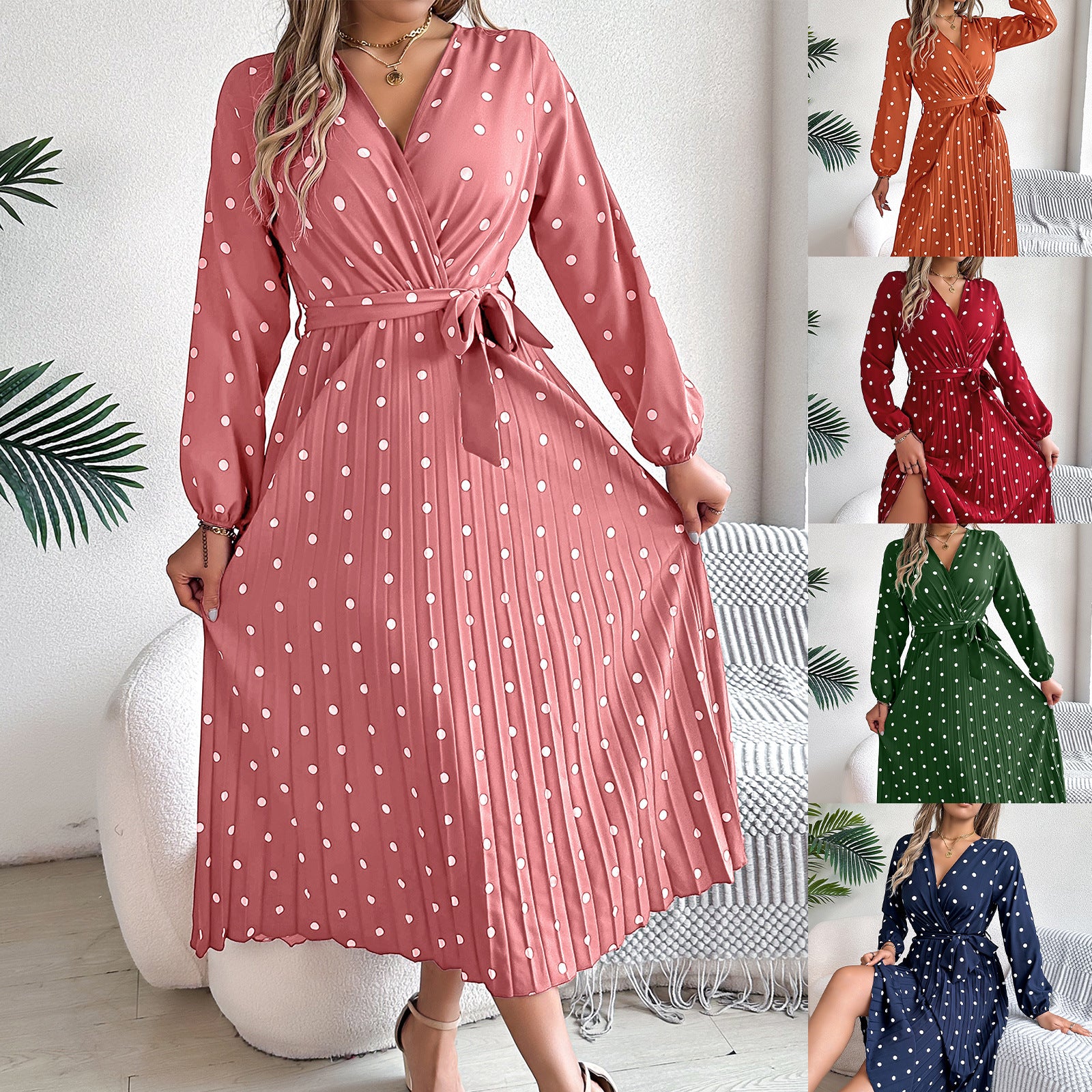 Spring  / Summer  - Elegant Long Dress -  Cross V-Neck Contrast Polka Dot Long Sleeve Pleated  Dresses