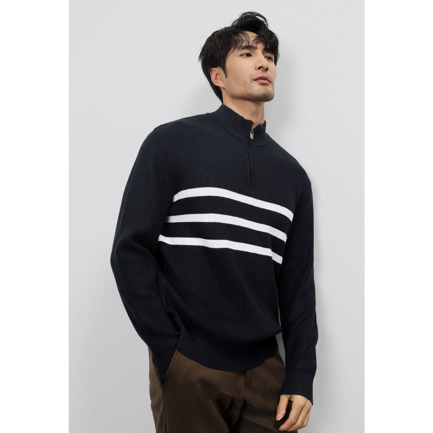 Autumn / Winter New Long-sleeved Knitted Sweater For Men - Half-zip Stand-up Collar Stripe