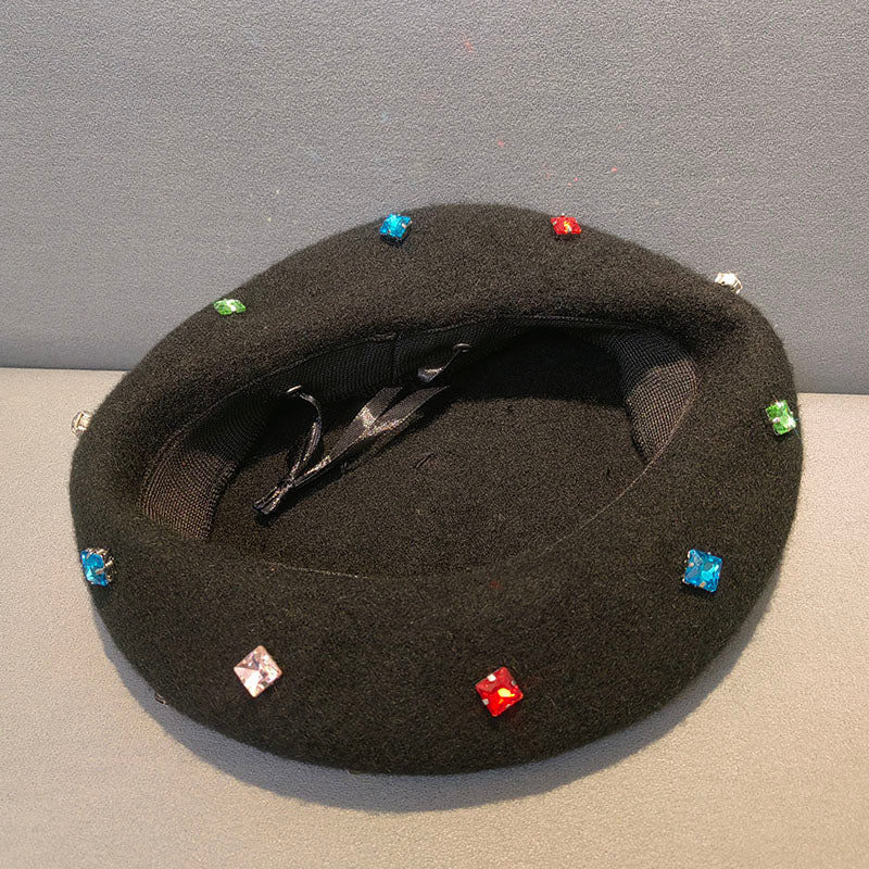 Diamond Beret Versatile Black Painter Hat Casual Warm Hat