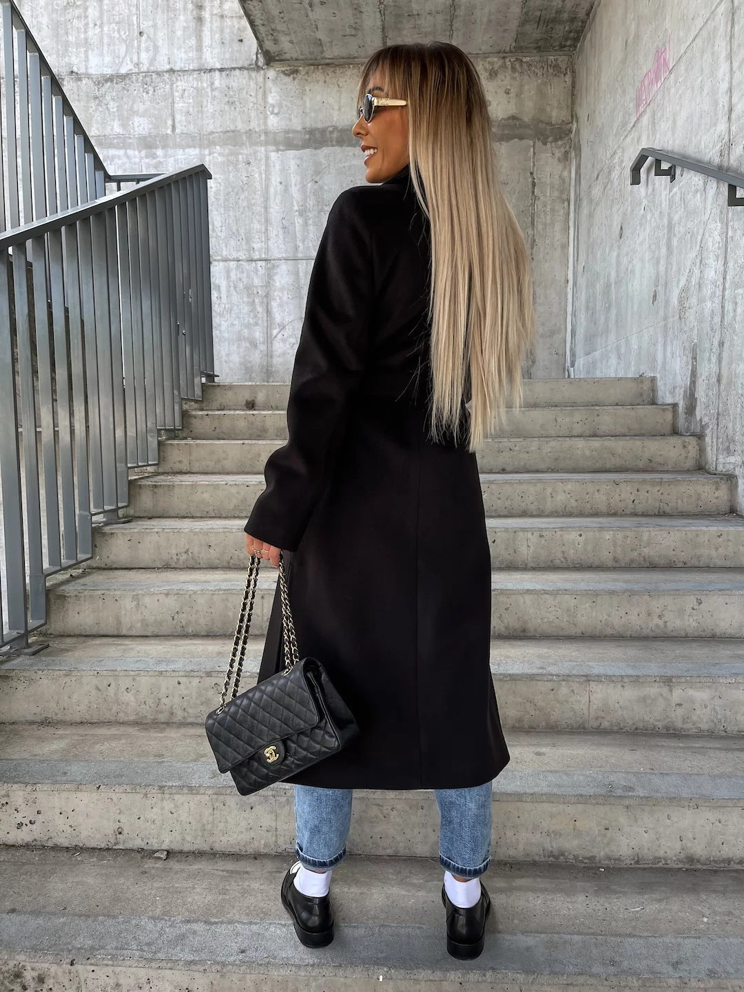 Double-breasted Lapel Split Jacket With Belt  - Winter Fashion  - Casual Long Sleeve Button Daily Coats  - For Women