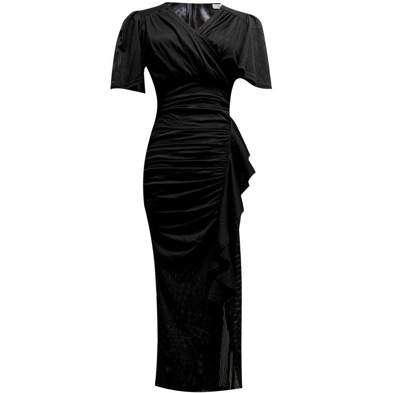Women's Summer V-neck - Slimming Ruffled Office Lady Sheath Skirt