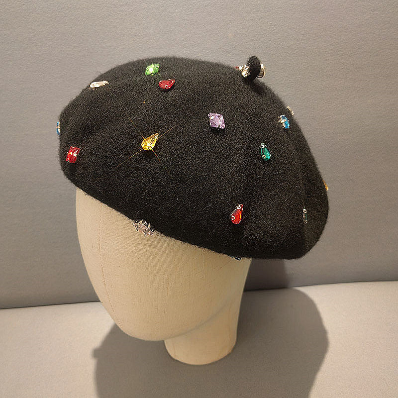 Diamond Beret Versatile Black Painter Hat Casual Warm Hat