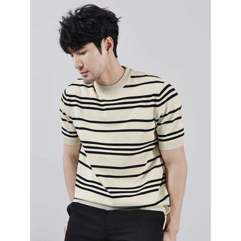 Knitted Ice Silk T-shirt - Men's Short Sleeve Black And White Stripes