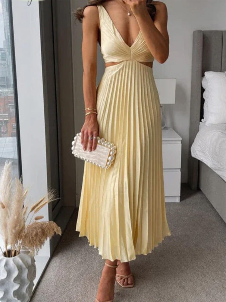 Ins Suspender Pleated Long Dress  - With Hollow-waisted Design  - Fashion V-neck Backless Dresses - Summer Women's Clothing