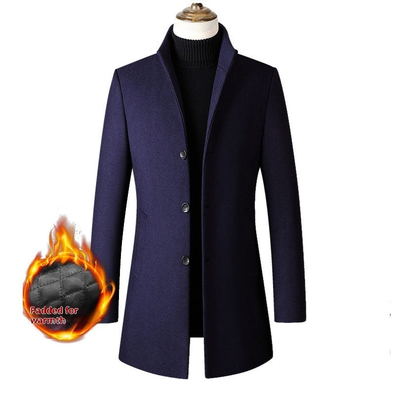 European /  American Single-breasted Stand Collar Coat - Cotton Padded Men's Trench Coat - Woolen Coat